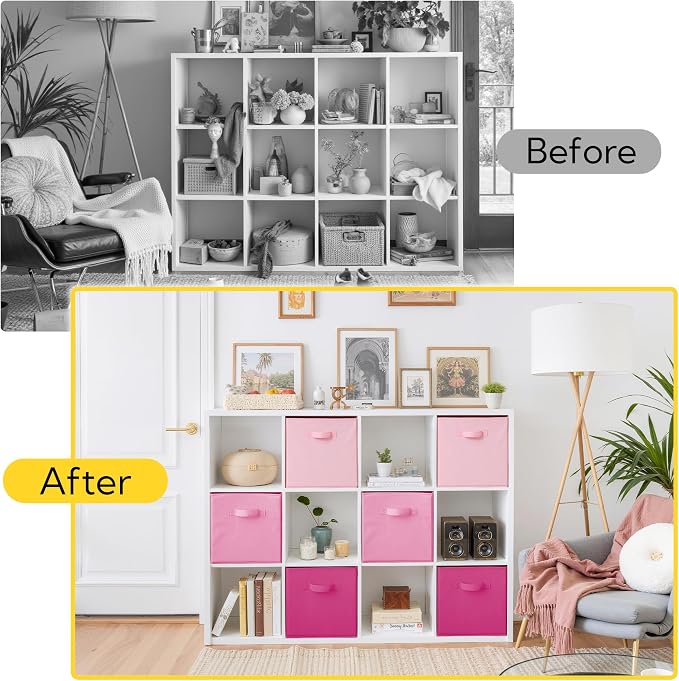 Cupic Cupid 13 Inch Storage Cube, Fabric Cube Storage Bin with Handles, Storage Cube Organizer for Clothes and Toys, Collapsible Cube Bins for Closet, Shelves, Nursery, 6-Pack, Pink Gradient