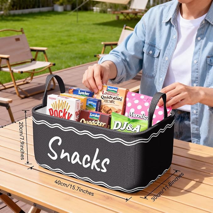 Snack Basket for Pantry & 5 Seal Clips - Snack Bin Organizer for Countertop - Imitation Linen Snack Storage Containers for Storing Chips, Pretzels, Cookies, Popcorn and more (1, Black)