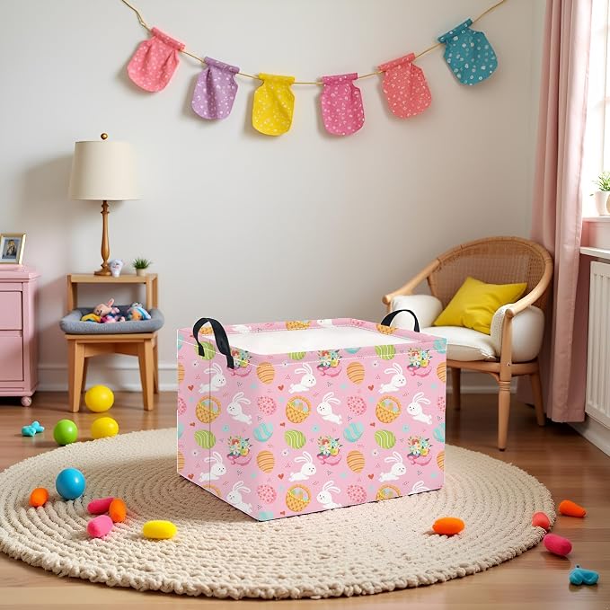 Rectangular Easter Basket for Home Kitchen Baby Girls Basket Cute Storage Bin Organizer Shelf Book Room Decor(Pink Bunny Egg)