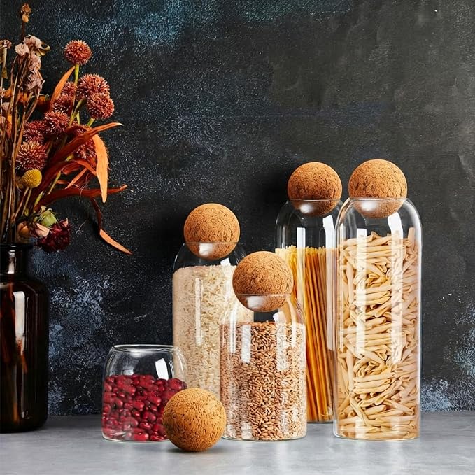 Suclain 5 Pack Glass Jar Set Food Tank with Spherical Cork Cute Ball 4 Sizes Candy Jars Clear Coffee Canister Airtight for Kitchen Bottle Holder Serving Spice Sugar Tea(Classic Style)