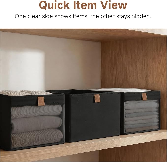 StorageWorks Closet Storage Bins with Clear Window, Large Closet Organizer and Storage Bins for Clothes, Collapsible Storage Baskets with PU Handles, Black, 3-Pack