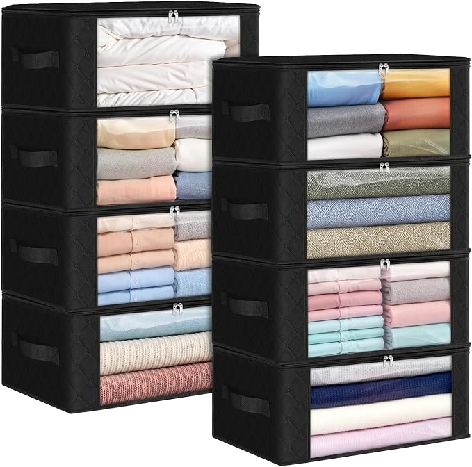 Fab totes 35L Closet Organizers and Storage, Foldable Under Bed Storage Containers, Storage bags for Organizing Bedroom, Closet, Clothing,Organization with Handle (8 Pack,Black)
