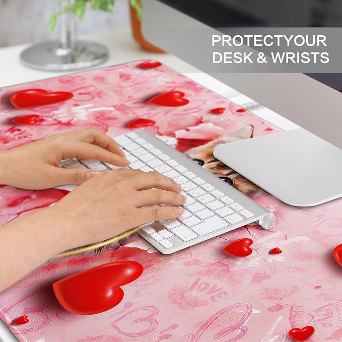 Lokigo Large Mouse Pad, Cute Pink Desk Mat for Desktop, Women Girls Waterproof Desk Mouse Pad, Love Cat Computer PC Laptop Protector Writing Pads for School Office Home 31.5" x 15.7"