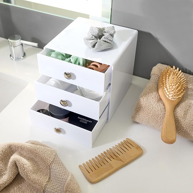 iDesign 3-Drawer Plastic Vanity Organizer, Compact Storage Organization Drawers Set for Cosmetics, Dental Supplies, Hair Care, Bathroom, Dorm, Desk, Countertop, Office, 6.5" x 6.5" x 6.5", White | Bathroom Storage, Vanity Storage