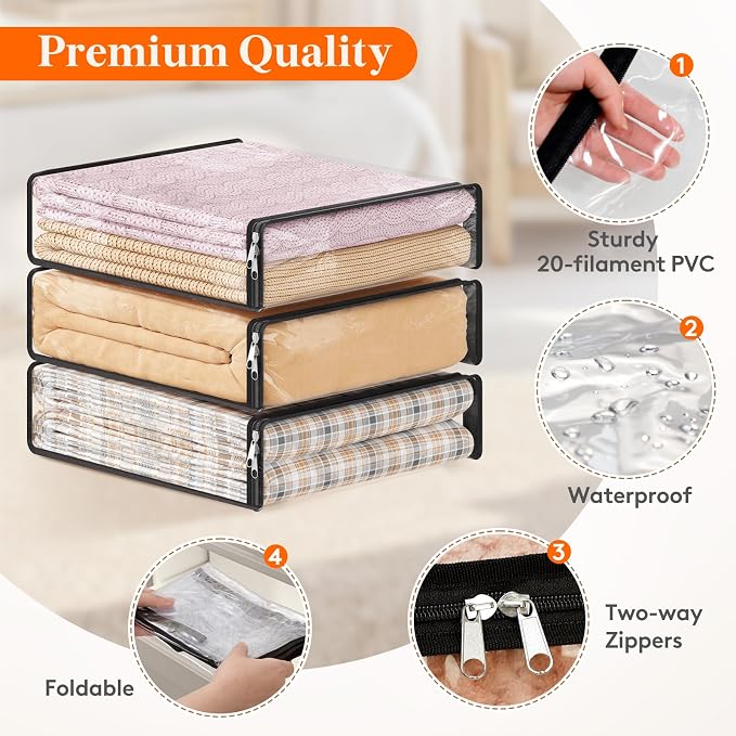 Lifewit 14L Clear Sheet Storage Bags with Zipper 10 Pack, Plastic Sweater Storage Bins for Clothing, Vinyl Foldable Clothes Containers Organizers for Closet, Blankets, Bedding 15.7 x 13.8 x 3.9 Inch