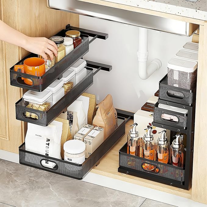 Under Sink Organizer, 1-Pack 3-Tier Thickened Metal Pull out Cabinet Organizer Shelf, Height Adjustable Slide out Storage Drawer Rack for under sink organizer bathroom Kitchen,Laundry Room & Pantry | Space-saving cabinet organizer, solid build, easy as...