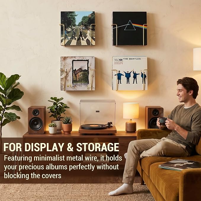 MyGift Modern Metal Wire Wall Mounted Vinyl Records Storage Racks, Hanging LP Record Holders, Floating Album Cover Display Shelves, Set of 2 (Brass- 4 Pcs)