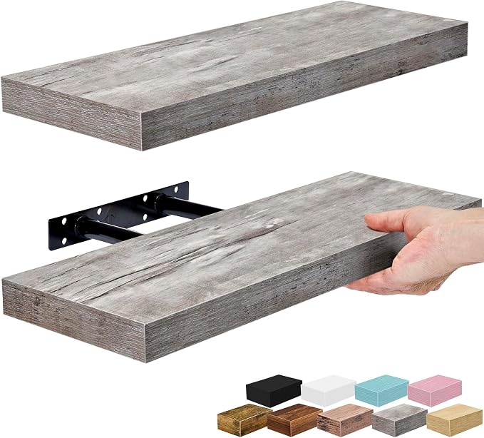 Sorbus Floating Shelves for Wall – 16 Inch Floating Shelf for Kitchen, Bedroom, Living Room, Bathroom, Home & Wall Decor - Mounted Bathroom Shelves with Invisible Brackets (Grey, 2 Pack)
