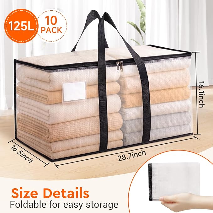 BlissTotes Moving Bags, 125L 10-Pack Storage Bags, Moving Box Heavy Duty Extra Large, Moving Totes with Zipper, Large Packing Bag with Reinforced Handles, Boxes for Packaging Moving