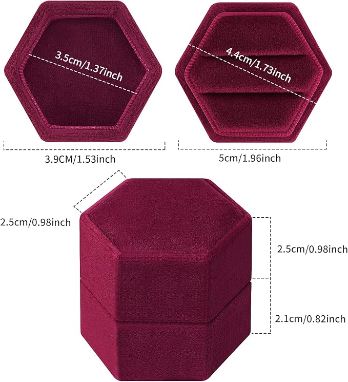 DesignSter Velvet Ring Box Hexagon - Premium Gorgeous Vintage Double Ring Display Holder with Detachable Lid for Proposal, Engagement, Wedding, Ceremony (Burgundy Red)
