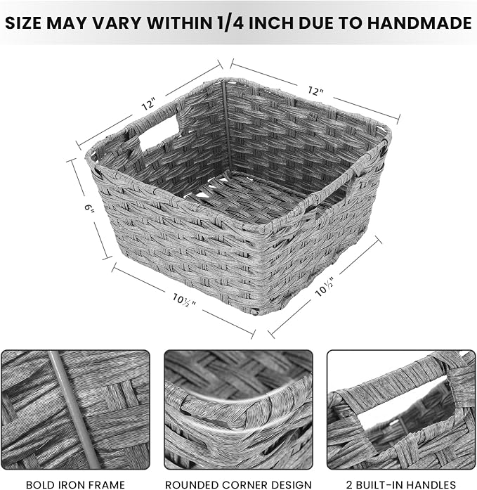 Onlytak Wicker Storage Baskets, Baskets for Shelves, Toilet Paper, Woven Storage Baskets for Organizing, Grey, 12" x 12" x 6", 2-Pack