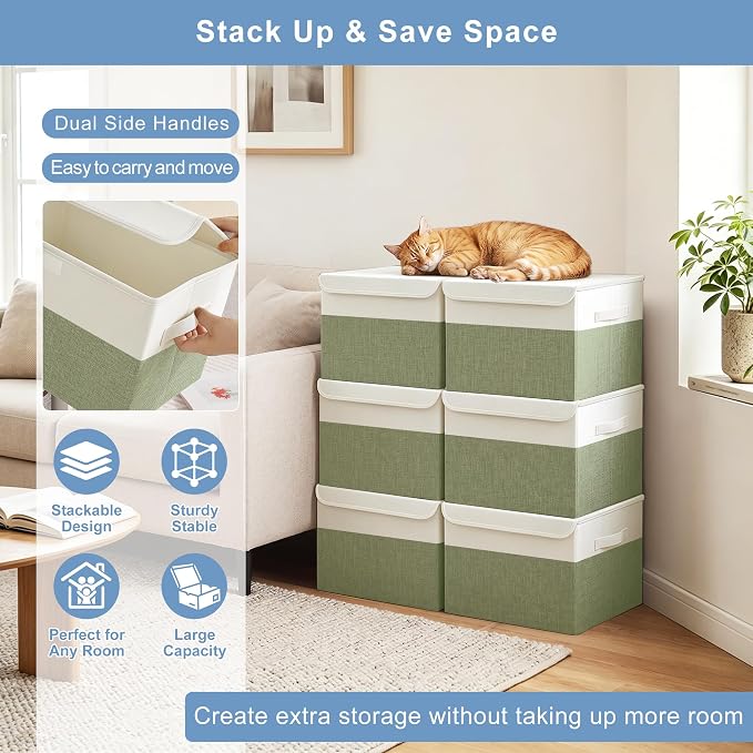 Bagnizer Large 22 Quart Linen Fabric Foldable Storage Bin Cube Organizer Basket with Flip-Top Lid & Handles, Clothes Blanket Box for Home, Office, Closet, Green & White, 4 Pack 14.6 x 9.5 x 9.5