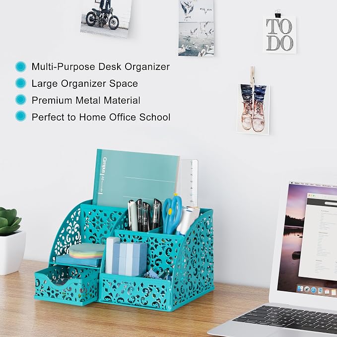 EasyPAG Desk Organizer and Pen Holder for Desk, Mesh Office Supplies Storage Caddy with Drawer for Small Space, Desktop Organizer for Home Office, Dark Teal