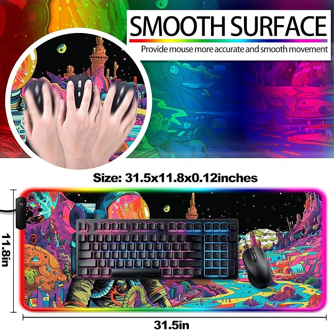 RGB Fantasy Planet Space Gaming Desk Mat, Computer Keyboard Large Extended Astronaut LED Mouse Pad for Office and Home, 31.5×11.8 Inches, XL