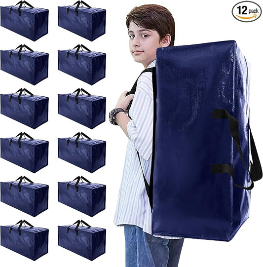 NATURELUX Heavy Duty Moving Bags with Backpack Straps and Strong Handles, Alternative to Moving Boxes and Storage Totes for Dorm Room Essentials, 12 Pack, Blue
