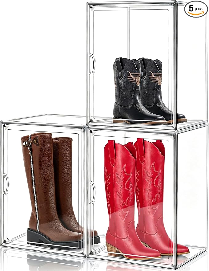 5 Pack Tall Boot Storage Box, XX-Large Clear Acrylic Shoe Storage Boxes, Fits Men's & Women's Shoes Up to Size 15, Stackable Shoe Organizer for High-Tops Sneakers, Hiking Boot, Cowboy Boot