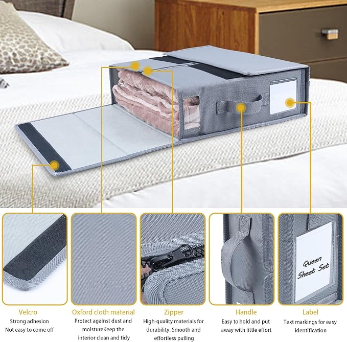 Bed Sheet Organizers and Storage - Foldable Sheet Cube Storage Container with Handles and Labels, Bedding Storage Box for Linen Closet, Wardrobe, Under Bed, Fits King/Queen Sheets, Towels (4 PCS)
