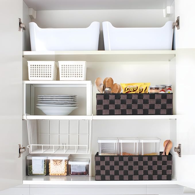 Woven Storage Baskets Bins Container for Organizing, 16” Checker Pattern Ribbon Metal Wire Desk Organizer, Drawer Dresser Baskets, Countertop Toilet Paper Storage (Black & Brown), 2-Pack