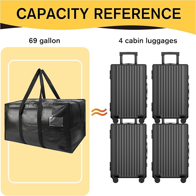 Heavy Duty Extra Large Moving Bags,69 Gallon Jumbo Packing Bags,Huge Moving Storage Bags with Strong Zippers & Carrying Handles,Reusable Big Moving Storage Bags for College Dorm Travel 2Pack