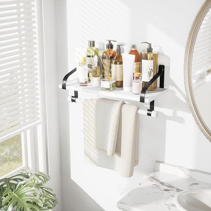 Love-KANKEI 17.3" Floating Wall Shelf Solid Wood/Bracket,Coffee Bar,White | Spice Rack,Towel Bar/8 Hooks,40 Lbs/shelf,Easy to Install,For Kitchen,Bathroom,Living Room,Bedroom,Office,Entryway Display