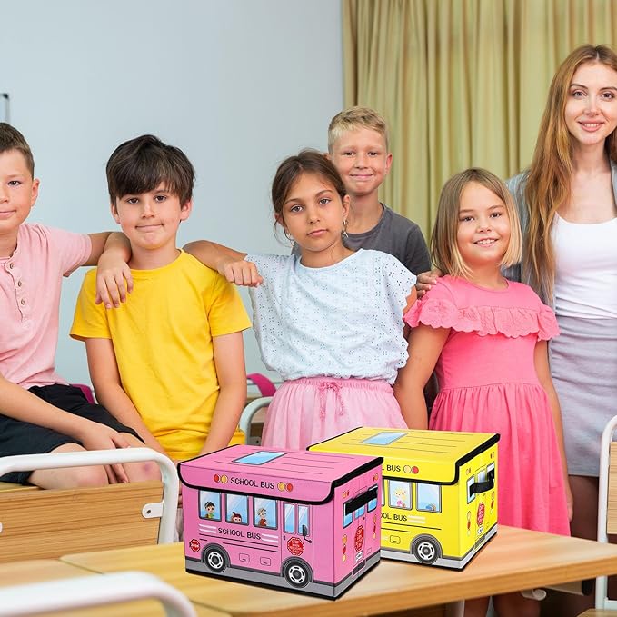 Sweetude 2 Pcs School Bus Treasure Box for Classroom, Foldable Chest Storage Toy Box Chest with Lid Treasure Storage Organizer Bin for Kids Teachers Toy Prizes Awards for Students(Yellow, Pink)