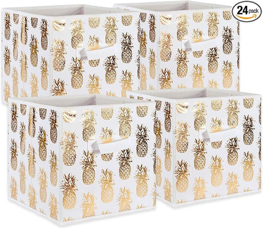 DII Non Woven Polyester Storage Bin, Metallic Pineapple, White & Gold, Small Set of 4 (Pack of 6)