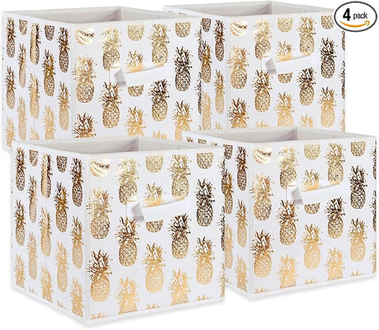 DII Non Woven Polyester Storage Bin, Metallic Pineapple, White & Gold, Small Set of 4