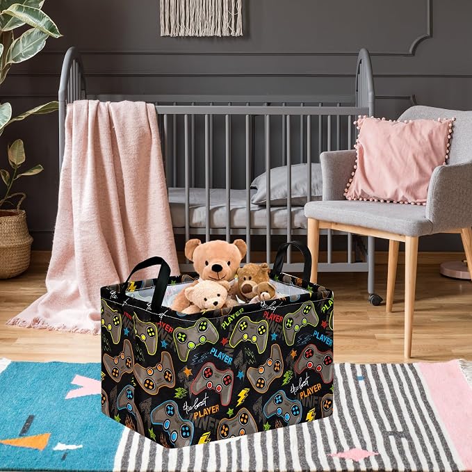 Gamepad Storage Basket, Rectangle Closet Baskets Foldable Organizer Bin with Handles for Bedroom Nursery Home Office Dorm Room