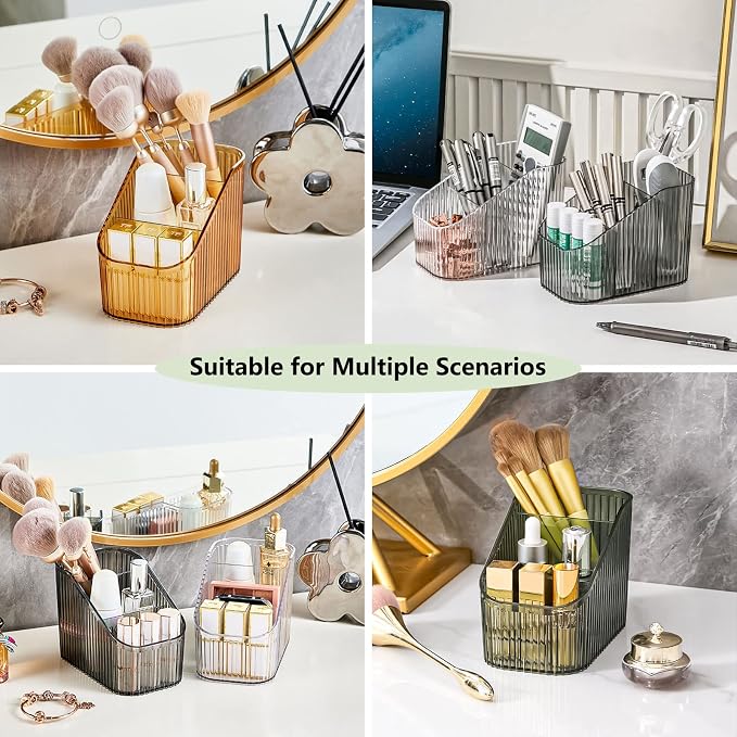 DASITON Large Capacity Makeup Brush Holder,3 Slot Makeup Brush Cup,Vintage striped Make Up Brush Holder,for Vanity Decor,Bathroom Countertops,Desk Storage Container,Cosmetic Display cases(Green-S)
