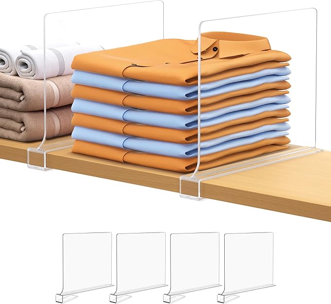 4 PCS Shelf Dividers for Closet Organization Acrylic Clear Closet Shelf Divider for Wooden Shelving Suitable for Wooden or Vertical Shelves Or Bedroom, Kitchen and Office