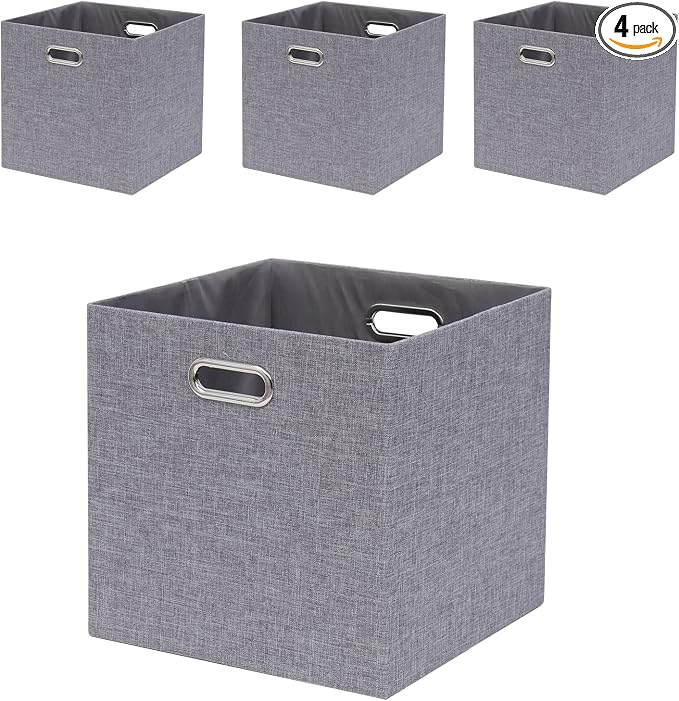 Collapsible Organization Basket Fabric Foldable Box with Handles, 13x13 Cube Storage Bins Set of 4, Thick and Heavy Duty Storage Baskets for Shelves Bedroom Livingroom,Gray