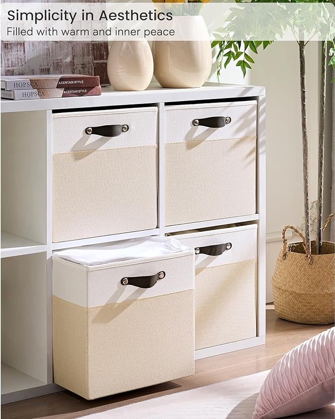 Cube Storage Bins | 10.5"x10.5"x11", Beige & White, 6 Pack | Multi-Size | 2X Thick Support Board | Vegan Leather Handles | 7.7 oz/yd² Fabric | 11"x11" Drawer Insert Basket