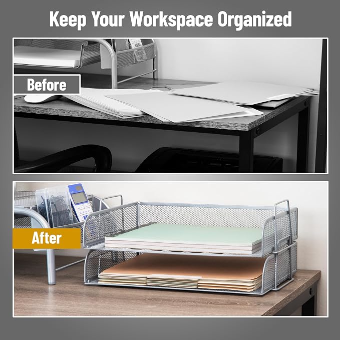 Mind Reader Stackable Paper Tray, Desktop Organizer, File Storage, Office, Metal Mesh, 2 Pcs., Silver