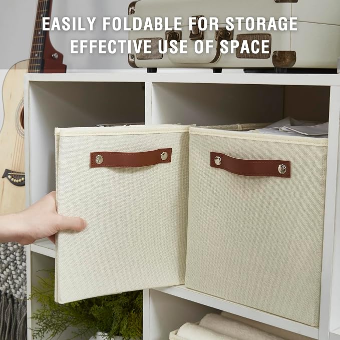 Bagnizer Collapsible Fabric Storage Cube Bins with 2 Reinforced PU Handles, Foldable Storage Organizer Baskets for Closet, Shelves, Living Room | 11"x11"x11", 4 Pack, Full Beige