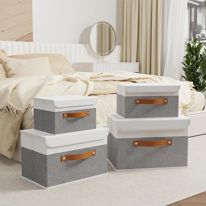 OUTBROS Storage Boxes, Bins with Lids, 10.2x7.9x6.7 in, White/Grey | Cotton and linen cloth Storage Baskets with Handle, for Books, Closet, Bedroom, Home