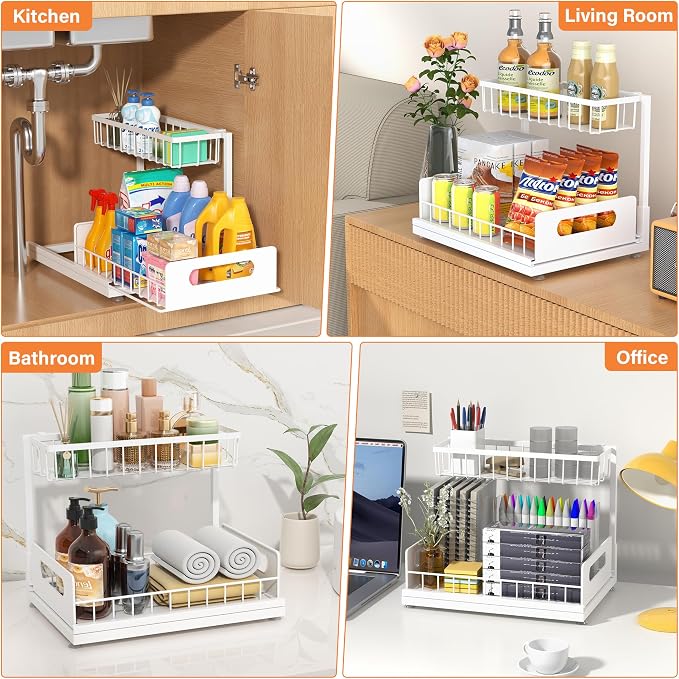 Under Sink Organizer 2 Tier, Pull Out Drawer Slides Under Sink Storage for Bathroom Kitchen,Multi-Purpose Drawer Under Cabinet Organizer for Cleaning Supplies (White, 2 Pack)