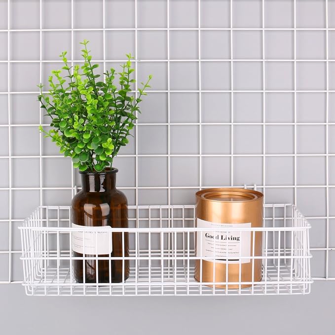 Kaforise Hanging Basket for Wire Wall Grid Panel, Multi-function Wall Storage and Display Basket, Flower Pots Shelf Balcony Plant Storage Holder, Extra Large Size, White Painted