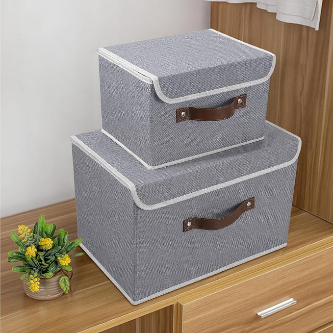 ANMINY 2PCS Storage Bin with Lid Storage Boxes with PU Leather Handles PP Plastic Board Decorative Foldable Lidded Cotton Linen Fabric Home Cubes Baskets Closet Organizer Container - Gray, Medium