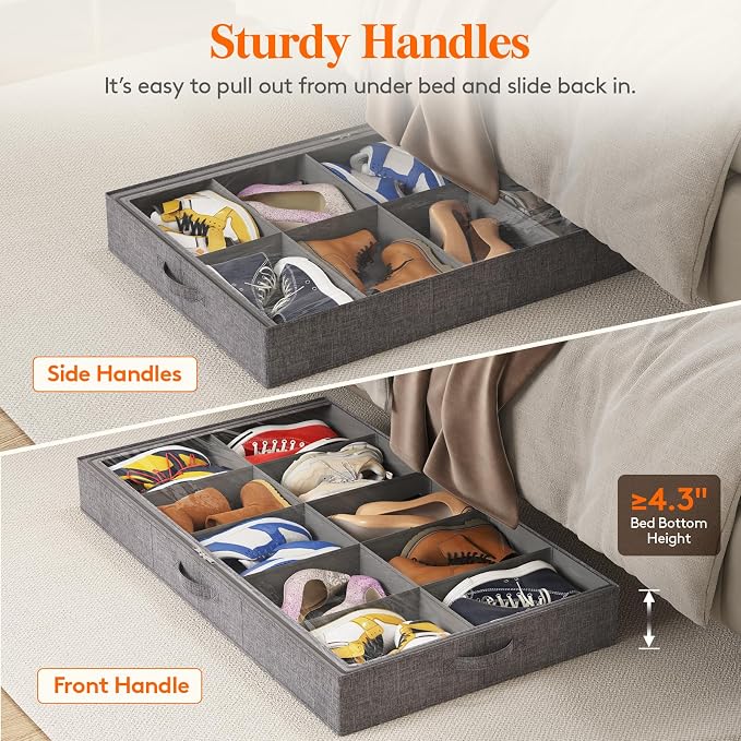 Lifewit Under Bed Shoe Storage Organizer Fits 10 Pair Sneakers, 4.3 Inches Tall Sturdy Structure Ultra Thick Fabic Sneaker Storage, Foldable Underbed Shoe Boxes for Heels, Boots, Sports Shoes 2 Pack
