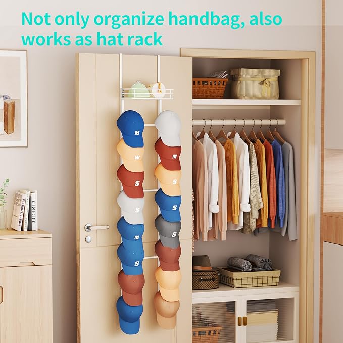 HapiRm Over the Door Purse Organizer - Wall Mounted Purse Rack with 16 Hooks and Metal Basket, Hanging Handbag Organizer Holds up to 16 Bags, Bag Rack Can Use As 1/2 Part, for Door, Closet (White)