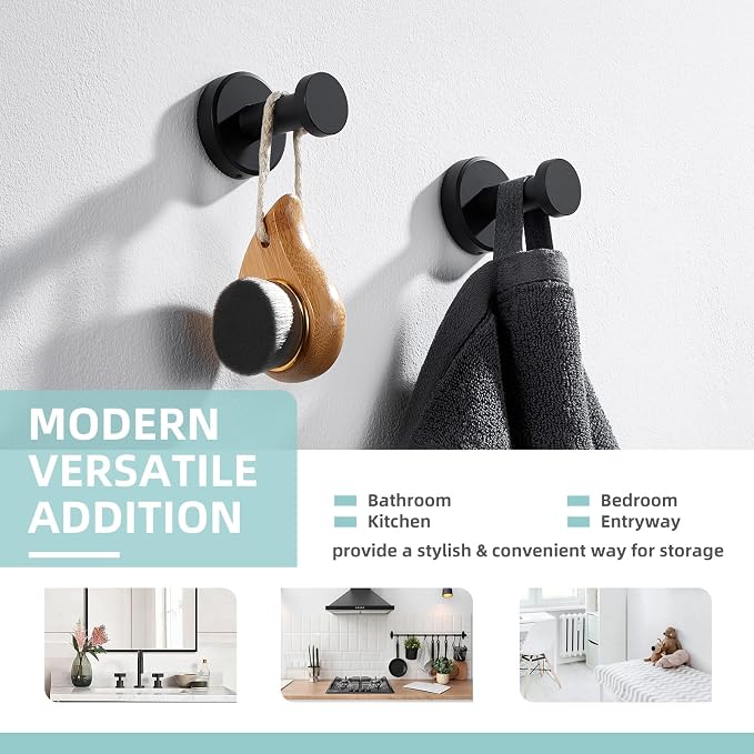 Angle Simple Towel Hooks for Bathroom, SUS304 Stainless Steel Coat Robe Hooks, Bathroom Hand Towel Hanger for Wall, Matte Black, 2 Pack