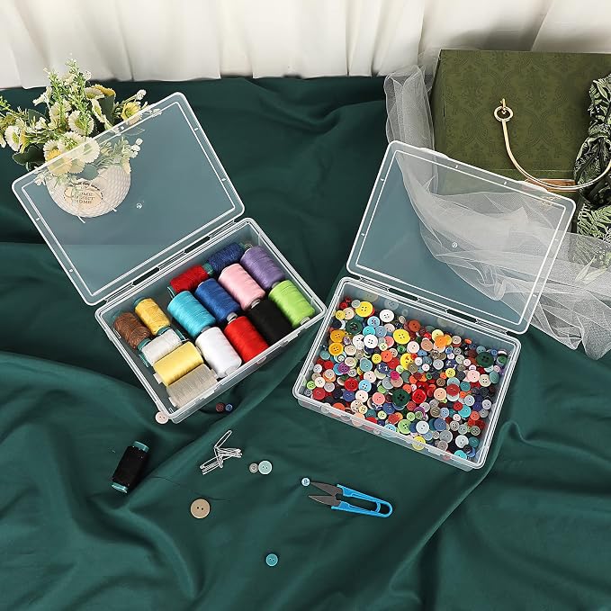 BTSKY Clear Plastic Storage Box with Flap Lid, Multipurpose Craft Organizers and Storage Box Art Supply Storage Organizer Plastic Sewing Box for Beads Pencils Notebooks, 2 Pack Small