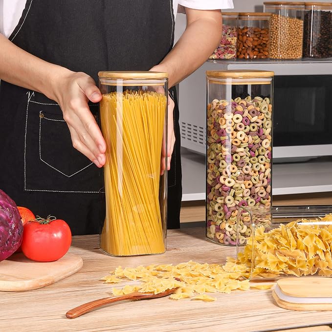 ComSaf Glass Spaghetti Pasta Storage Containers with Lid(71oz), Tall Clear Airtight Food Storage Jar with Bamboo Lid for Noodles Flour Cereal Sugar Beans, Sqaure Spaghetti Pantry Container