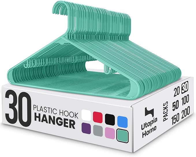 Utopia Home Plastic Hangers 30 Pack – Built-in Strap Hooks Aqua | Space saving | Durable & strong | Closet organizer | Clothes hangers | Ideal for shirts, pants, skirts & coats