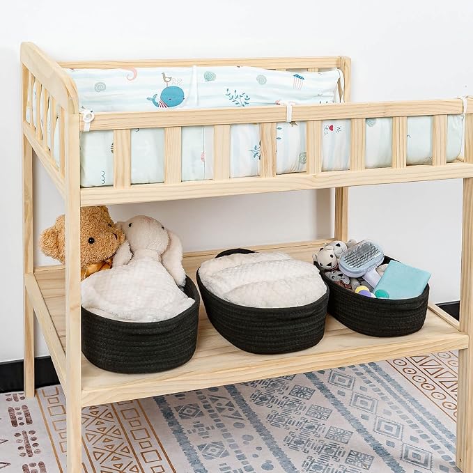 CubesLand Small Storage Basket Cotton Rope Organizer Baskets for Shelves | Set of 5 Decorative Closet Storage Bins with Handle for Countertop, Toilet Paper Basket for Toilet Tank Top, Black Basket