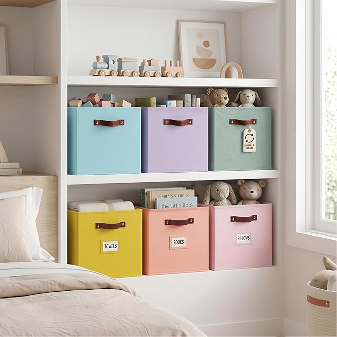 DECOMOMO Storage Bins, Cube Storage Bin with Labels | 13" x 13" x 13" Fabric Storage Cubes for Shelves (6pcs, Rainbow)