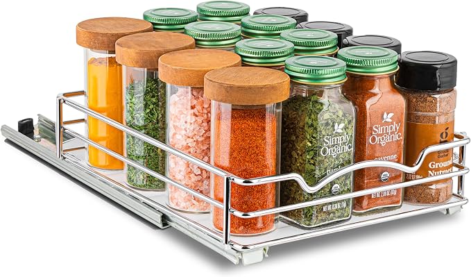 Pull Out Cabinet Organizer for Spices, Cans 8-3/8"W x 10-3/8"D x 2-1/8"H | Heavy Duty with Lifetime Limited Warranty, Pull Out Spice Rack, Cabinet Pull Out Shelf for Cans, Dishes, Etc, Easy to Reach