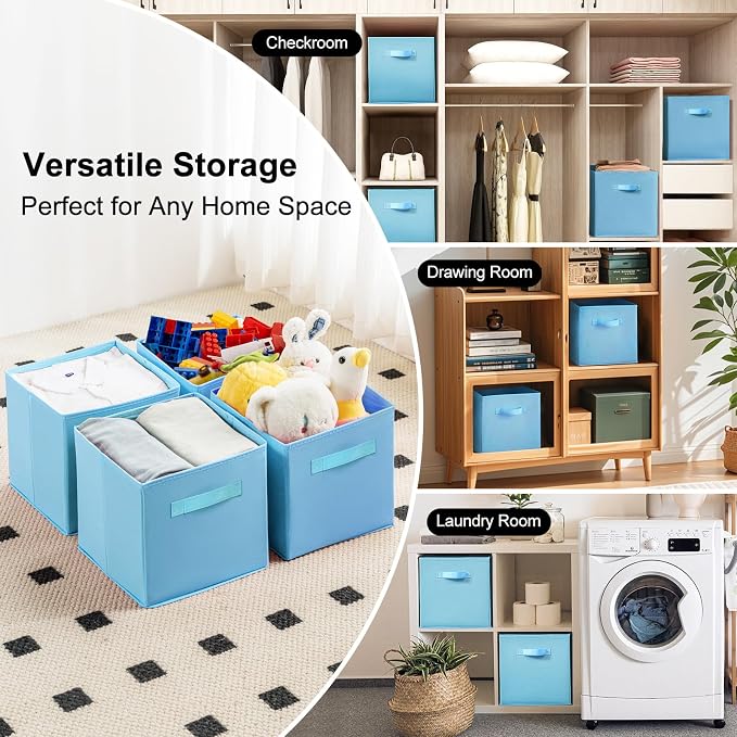 Fabric Storage Bins - 6 Pack Collapsible Cube Organizer for Closet, Shelves & Living Space, Pastel & Dark Color Options - Foldable Storage Boxes with Handles for Clothes (Blue, 11 inch)