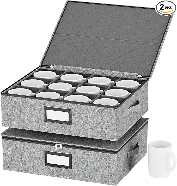 homyfort Mug Storage Box with Dividers, China Coffee Mug Storage Containers Holder Organizer Hard Shell, Service for 24 Coffee Mugs or Tea Cups (Grey)