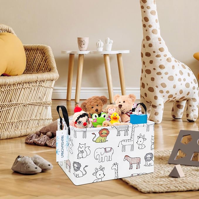 Rectangular Collapsible Simplified Zoo Storage Basket Nursery Organizer | Storage Bin Foldable Canvas with Handles for Organizing Home Kitchen Children Toys Office Closet Shelf Baskets